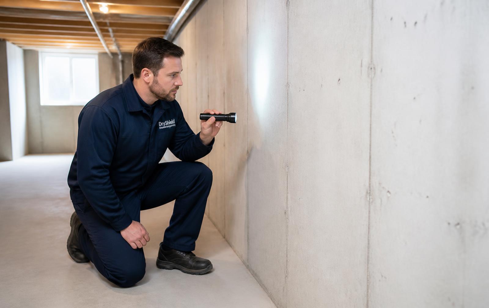 Basement waterproofing technician inspecting a foundation wall in a North York home