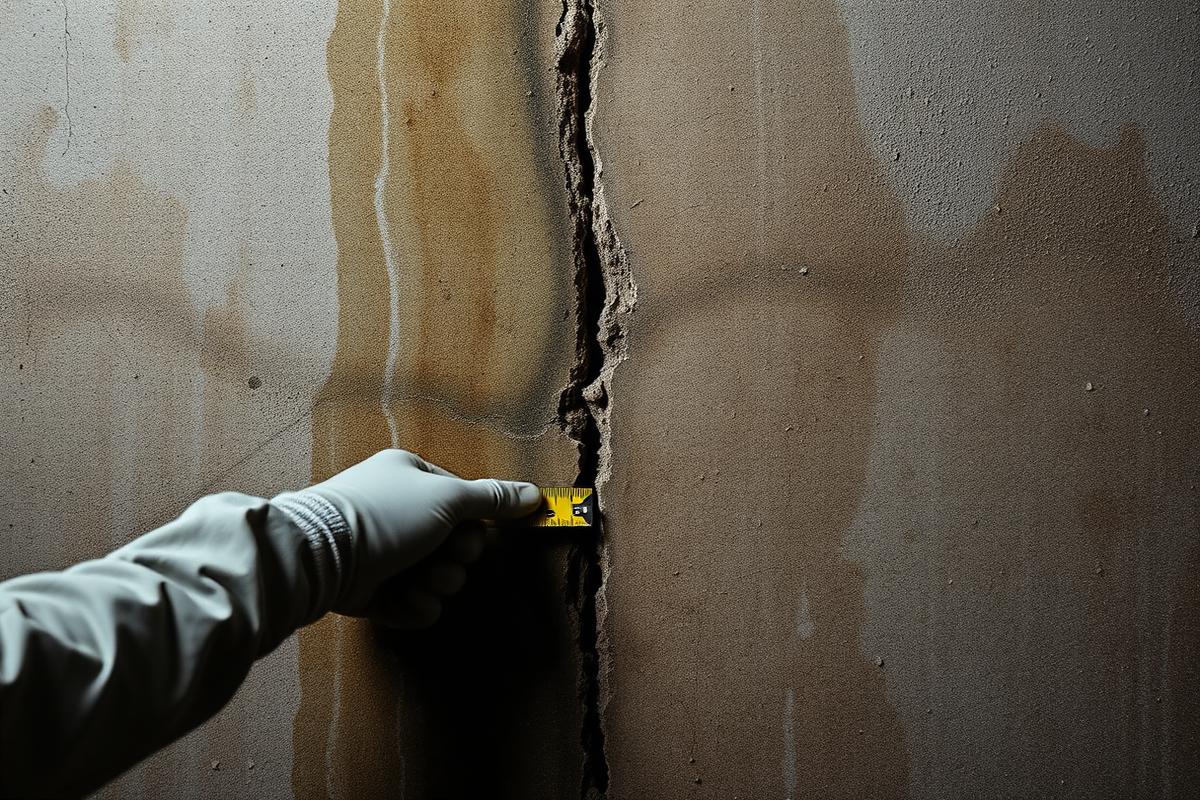 Wet basement repair inspection of a water-stained, cracked foundation wall
